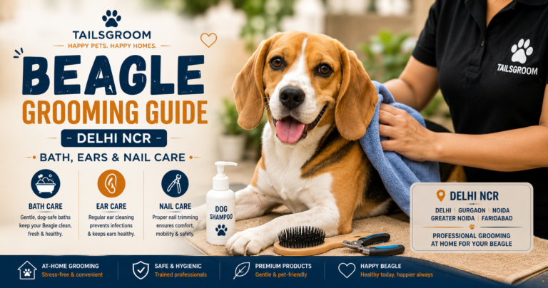 Beagle receiving professional grooming with bath, ear cleaning, and nail trimming in Delhi NCR by Tailsgroom