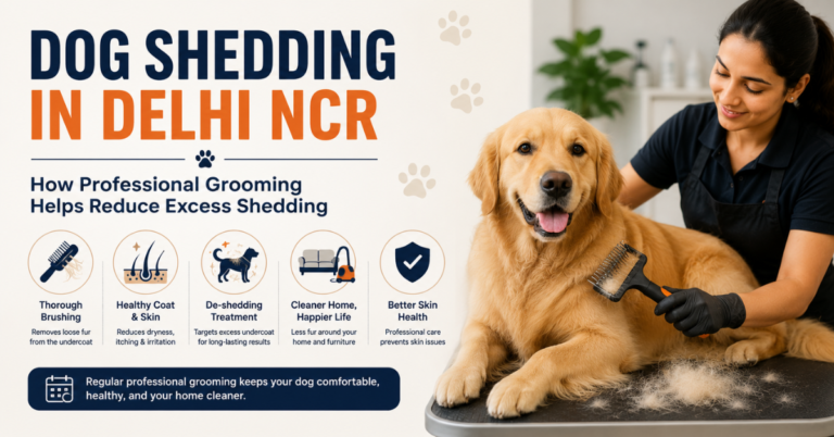 Professional groomer brushing a Golden Retriever to remove loose undercoat and reduce shedding during an at-home grooming session in Delhi NCR.