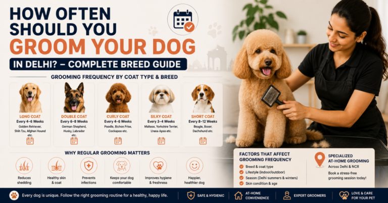 Professional dog groomer brushing a dog during an at-home grooming session, illustrating the recommended grooming schedule for different dog breeds in Delhi.