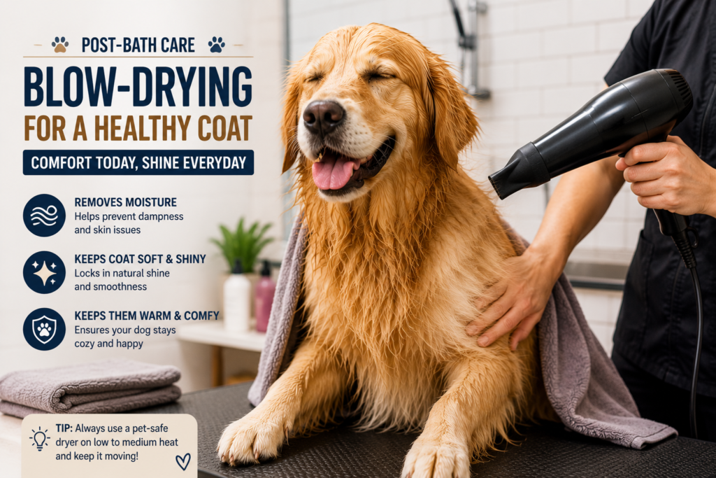 Golden Retriever being blow-dried after a bath during a professional grooming session to thoroughly dry the coat and promote healthy skin and fur.
