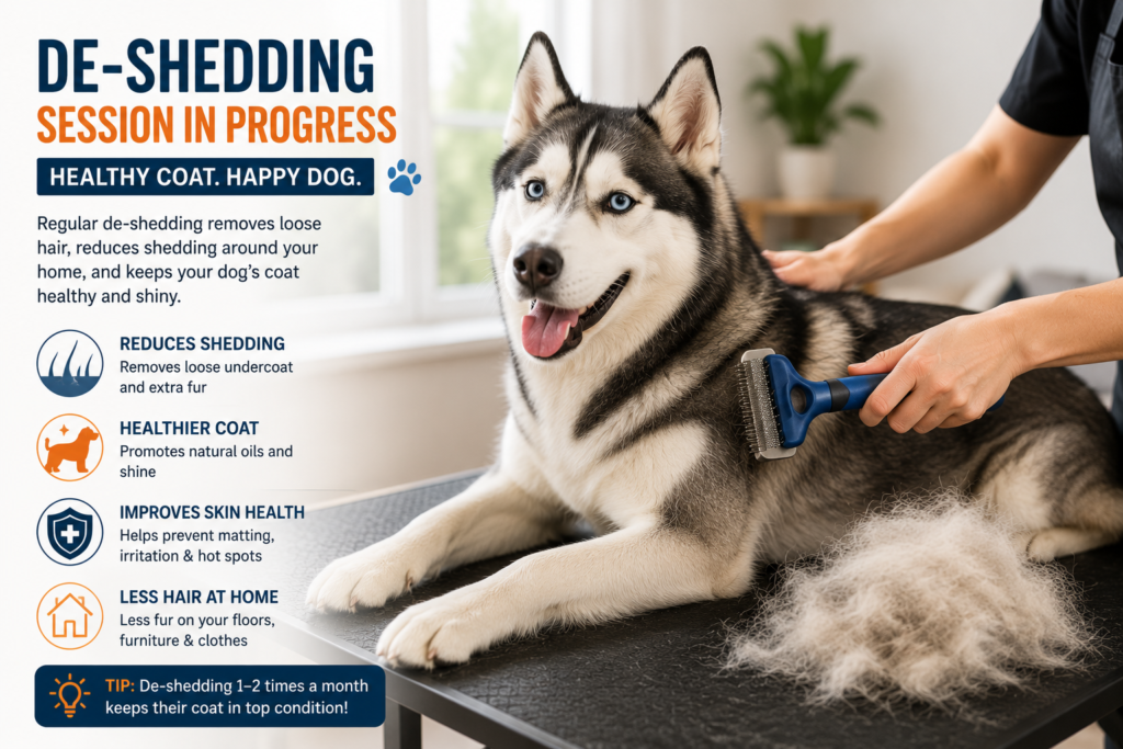 Professional de-shedding session for a Siberian Husky using a de-shedding brush to remove loose undercoat and reduce shedding, helping maintain a healthy double coat.