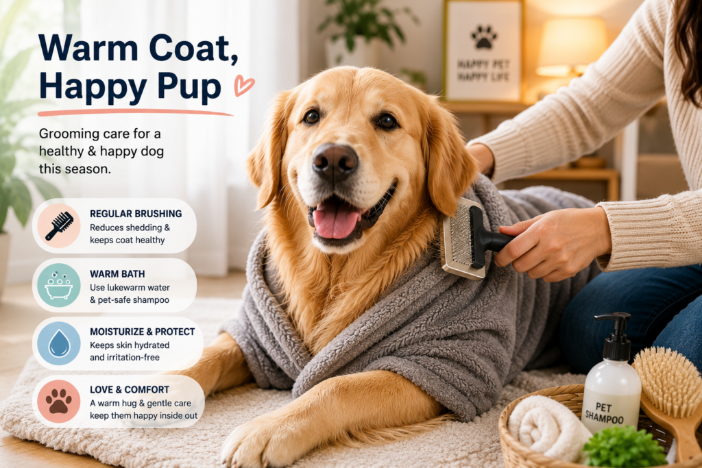 Golden Retriever wrapped in a warm blanket while being gently brushed indoors, demonstrating winter dog grooming for a healthy and comfortable coat.