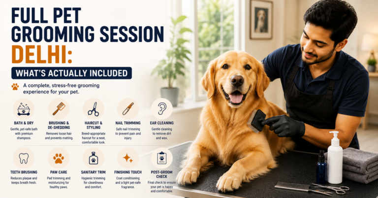 Professional pet groomer giving a Golden Retriever a full grooming session in Delhi, including brushing, bathing, nail trimming, and coat care.