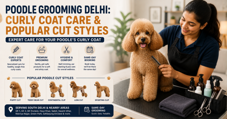 Professional groomer brushing an apricot Poodle during an at-home grooming session in Delhi, showcasing curly coat care and popular Poodle haircut styles.